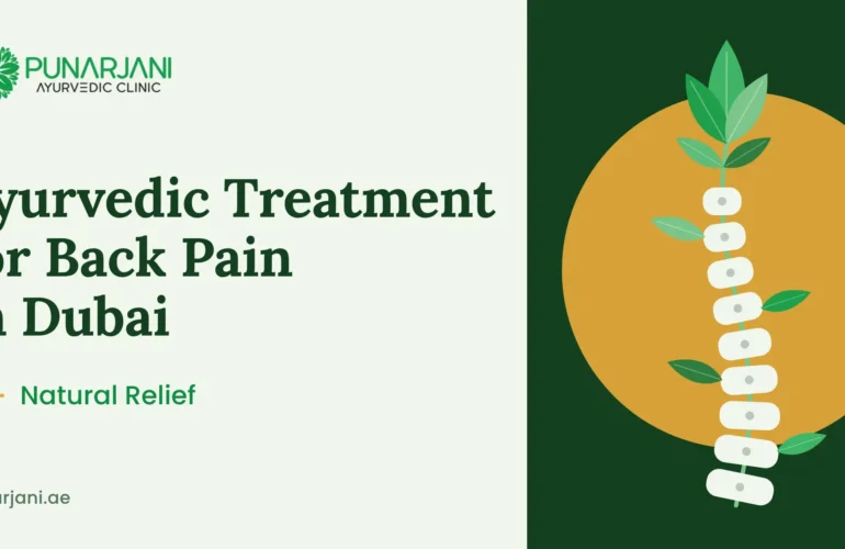 Ayurvedic treatment for back pain in Dubai: Punarjani Ayurvedic Clinic logo beside a spine growing into a leafy herbal stem